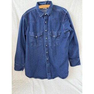 Carhartt Vtg Dark Blue Denim Pearl Snap Long Sleeve Shirt L 17.5x35 USA Western